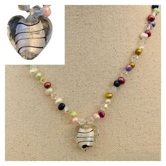 Teng Yue Art Glass Real Freshwater Pearl Heart Necklace Handmade Multi Color - Picture 1 of 12